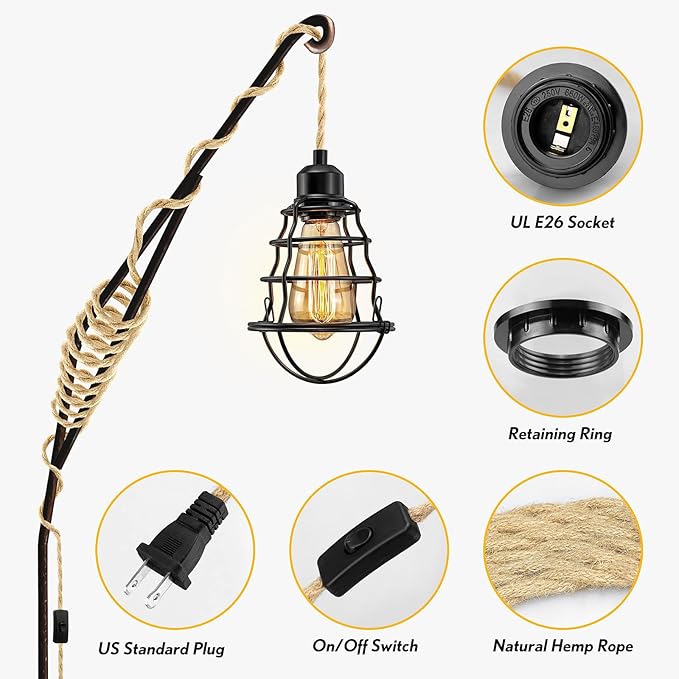 Plug in Pendant Light Cord, Farmhouse Hanging Lights with Plug in Cord, 15FT Hemp Rope Plugin Hanging Light Cord Kit with On/Off Switch, E26 E27 Light SocketCord, Bulb NOT Included
