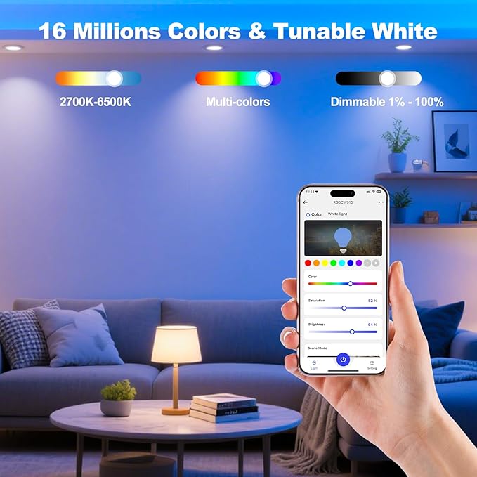 Smart Light Bulbs, WiFi & Bluetooth Light Bulb, Work with Alexa and Google Home, A19 E26 RGBCW LED Color Changing Light Bulb, 16 Million Colors, Dimmable 2700K-6500K, 9W, 800 Lumens 4 Pack