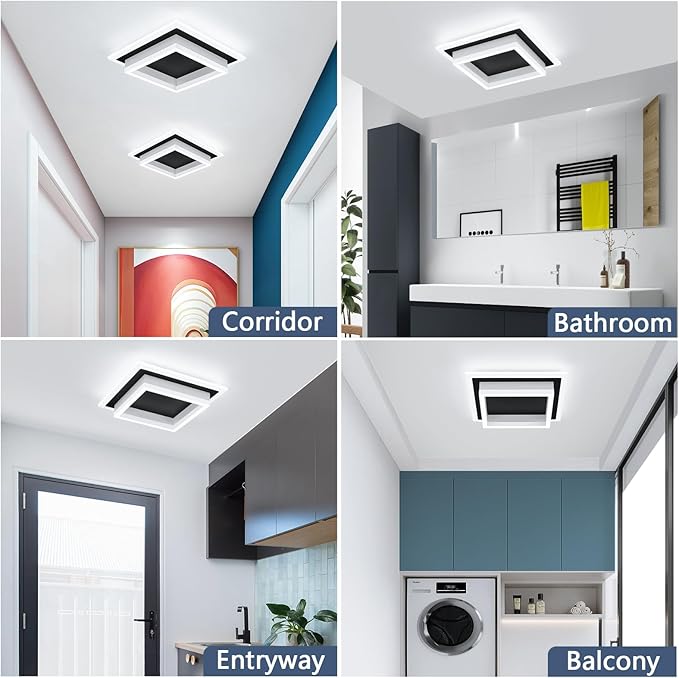 32W Modern LED Ceiling Light, Small Flush Mount Light Fixture, 6000K Cold White Ceiling Lamp, Square Hallway Lighting Fixtures for Living Room Bedroom Bathroom Kitchen (Black, Cold White)