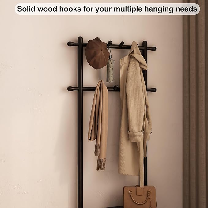 AQIMUELE Coat Rack with Shoe Storage, Narrow Wooden Hall Tree with Bench, 11 Hooks and 2-Tier Storage Shelves, 3-in-1, Entryway Bench with Coat Rack (23.6"-Black)