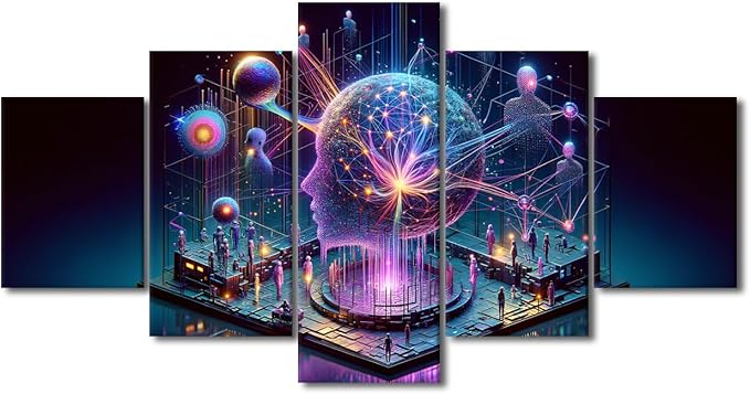 5 Panel Human Brain Artificial Intelligence Picture Wall Decor Neural Network Paintings Canvas Wall Art Framed Modern Home Decor for Living Room Posters and Prints 60" Wx32 H