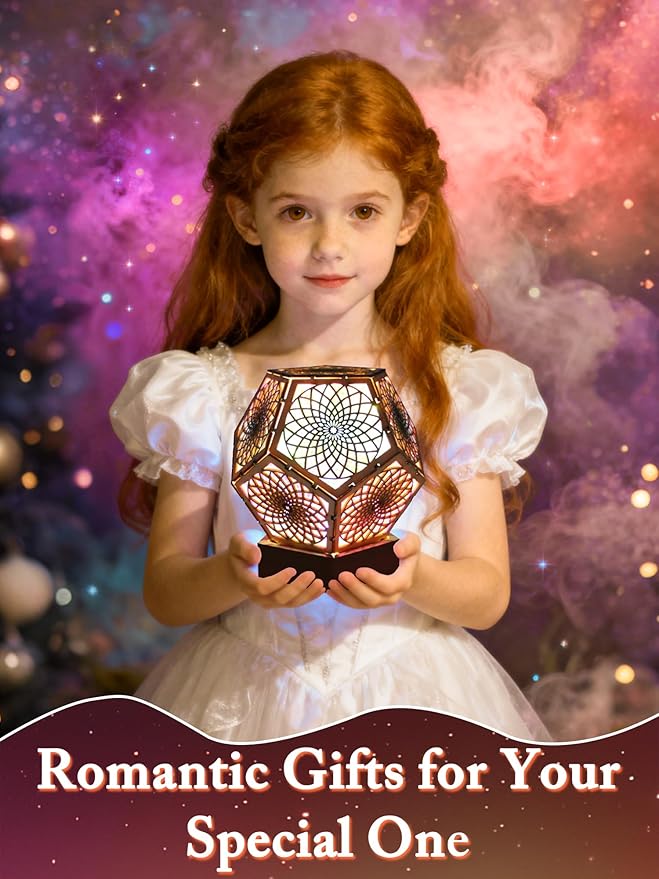 Starlight Projector Lamp,Boho Ambient Lighting Infinity Dodecahedron Art Night Light, Wooden Colorful LED Lights for Bedroom Vintage Room Decor Aesthetic Unique Gifts (Pentagonal)