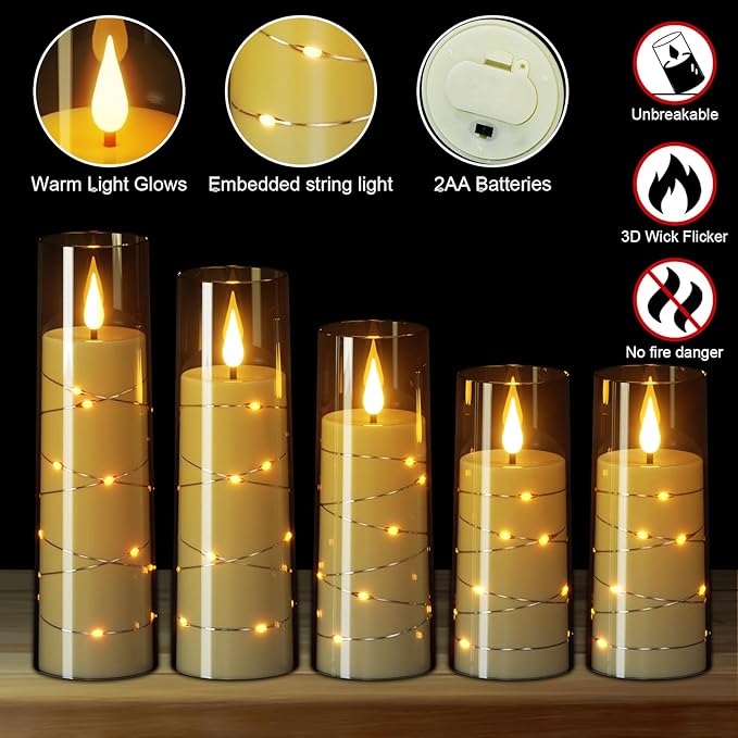 Wondise Flameless Flickering Candles with Embedded Star String Remote and Timer Battery Operated Flickering LED Candles Durable Acrylic Shell Pillar Candles for Christamas Home Decoration (5pack
