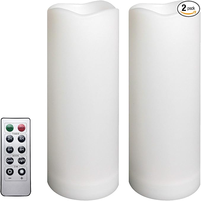 2 Pack Outdoor Flameless Pillar Candles with Remote and Timer Waterproof Battery Operated Electric LED Candle Set for Gift Home Décor Party Wedding Supplies Garden Christmas Decoration, 3” x 8”