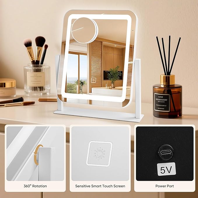 Vanity Mirror with Lights, 14.8x12.6 Inch White LED Makeup Mirror, 3-Color Dimmable LED Smart Touch Screen, 5X Magnification & 360° Rotation, Large Tabletop Makeup Mirror for Bedroom