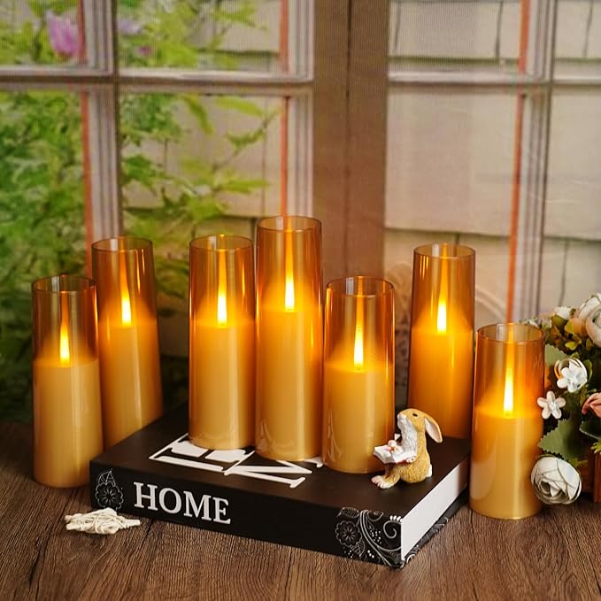 Flameless LED Candles Upgraded Realistic Flickering Flame,7Pcs Battery Operated Candles with Remote Timers,LED Pillar Candles for Home Decor,Christmas,and Parties（Gold）