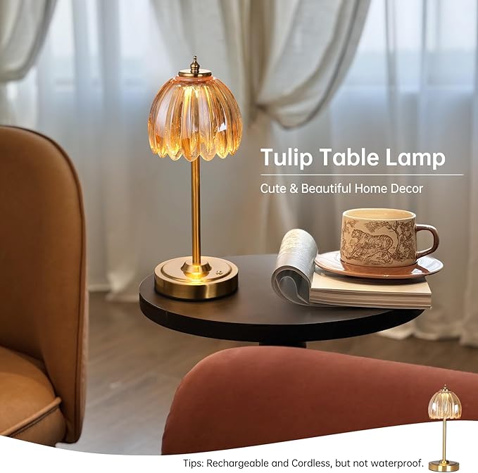 Set of 2 Tulip Table Lamp with 5000mAh Battery & Touch Control, Cordless Table Lamp with 3 Colors, Dimmable Rechargeable Table Lamps for Bedroom, Living Room, Entryways (Amber Tulip)