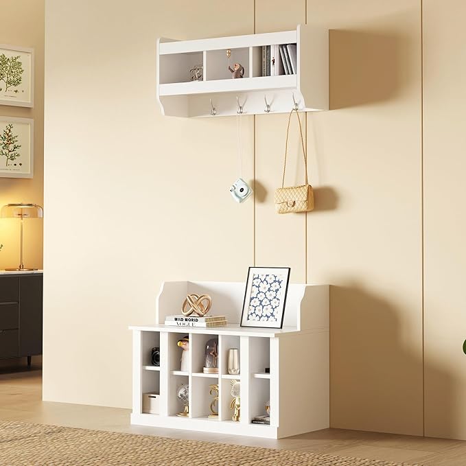 AMNOOL Modern Hall Tree with Shelves and 4 Hooks with Wall Mounted Coat Rack Shoe Storage Bench with Ten Storage Compartments Adjustable Shelves for Hallway, Foyer, Mud Room (White)