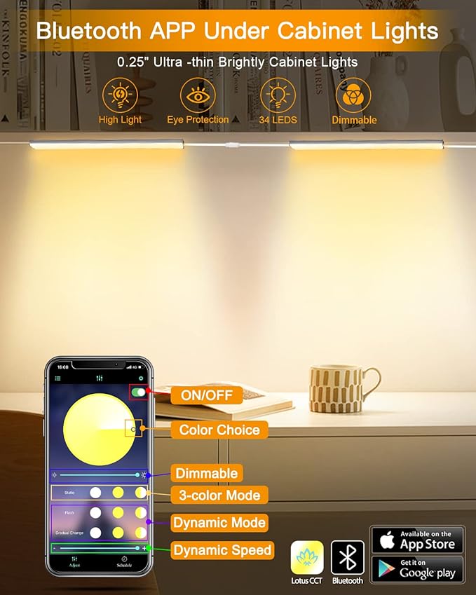 Daymeet Dimmable 12 Inch Ultra Thin Under Cabinet Lighting, Under Cabinet Lights Plug in, Multi-Color Super Bright LED Lights Bar Under Counter Lights Indoor for Kitchen, Shelf, Closet, Desk (3 Pack)
