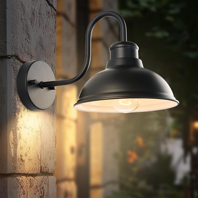 12" Outdoor Barn Gooseneck Light, Large Exterior Wall Sconce, Black Classic Farmhouse Industrial Wall-Mounted Barn Light Fixture for Garage/Porch/Patio