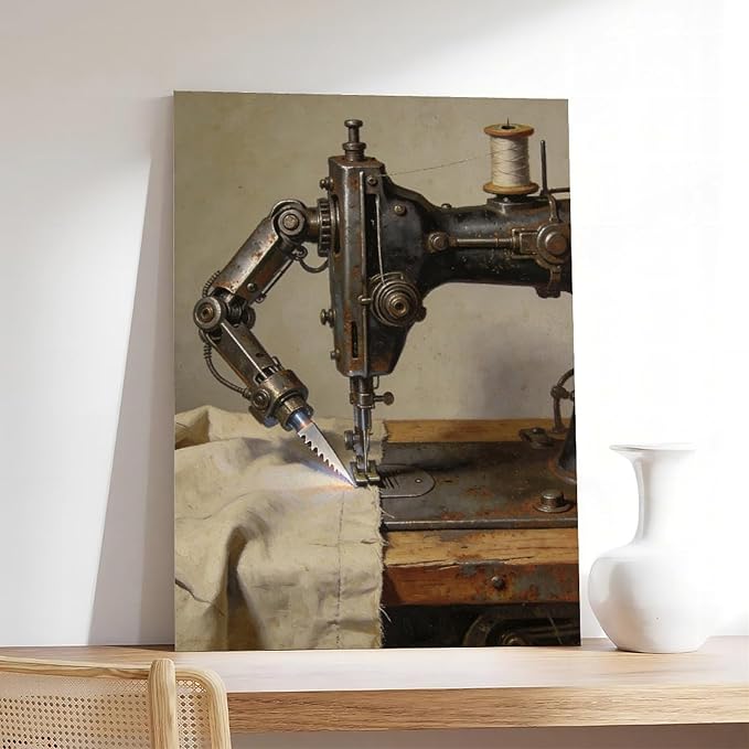 Framed Steampunk Mechanical Sewing Machine Wall Art - Retro Industrial Workshop Poster for Home Office Studio Decor 20x30inch(50x75cm)