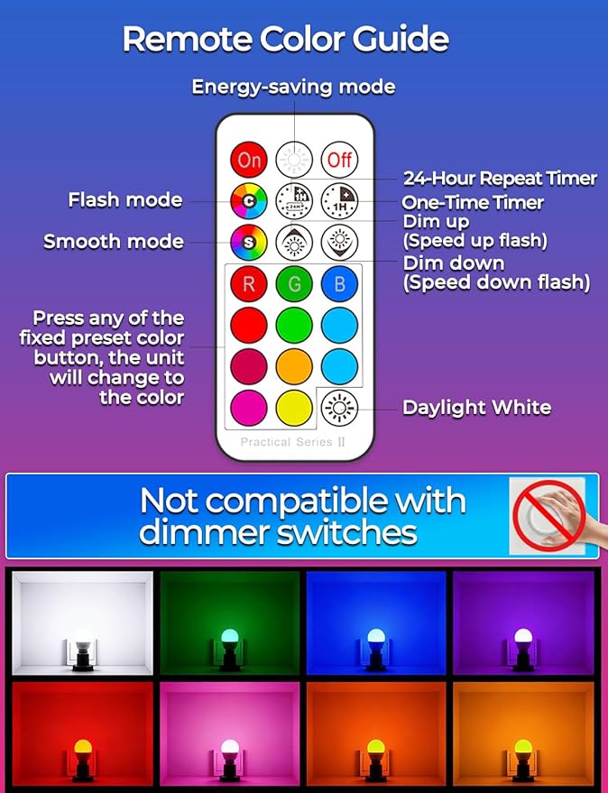 ILC RGB LED Light Bulb, Color Changing 40W Equivalent, Daylight White, 450LM Dimmable 5W E26 Screw Base RGBW, Mood Light Bulb - 12 Color Choices - Timing Infrared Remote Control Included (8 Pack)