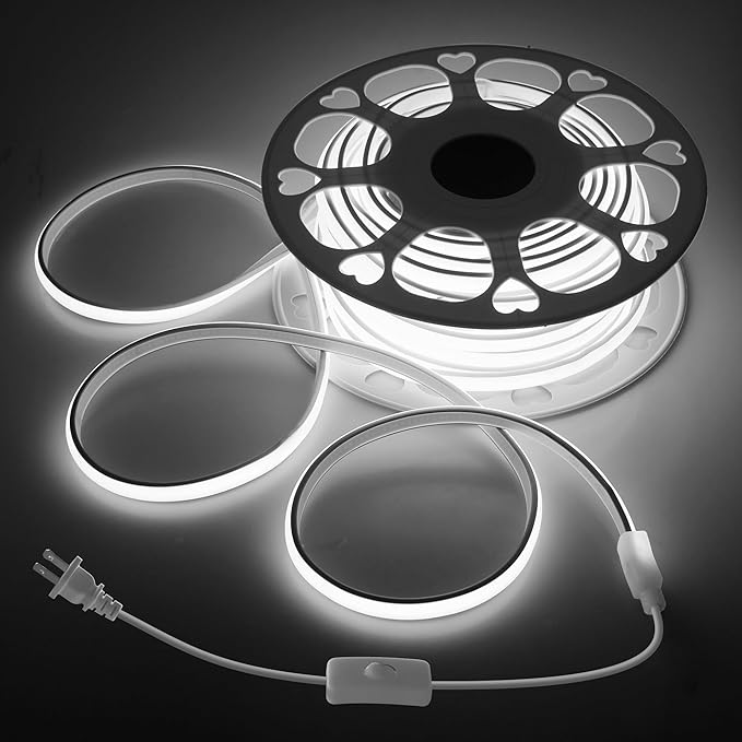 LED Strip Lights 100FT Plug in with Switch AC 110V One Roll COB LED Rope Lights 6000K Daylight White High Density 288Leds/M Extra Long COB LED Lights Outdoor Waterproof for Patio Decor