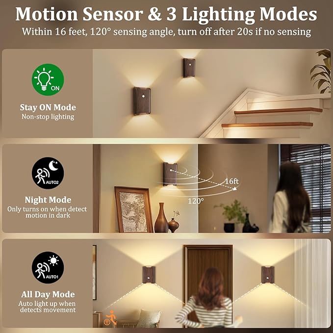 4 Pack Battery Powered Motion Sensor Wall Sconces: 5000mAh Rechargeable LED Wall Light with Remote, Magnetic Motion Sensored Stair Light Indoor Wireless Sconce for Hallway Bedroom Bedside, Walnut