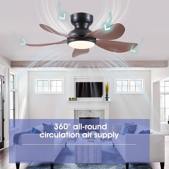36 Inch Modern Ceiling Fans with Lights, Small Flush Mount Ceiling Fan with Light and Remote/APP Control, 5 Reversible 6 Speeds Curved Blades, 3 CCT Dimmable Lights for Kids Room, Brown