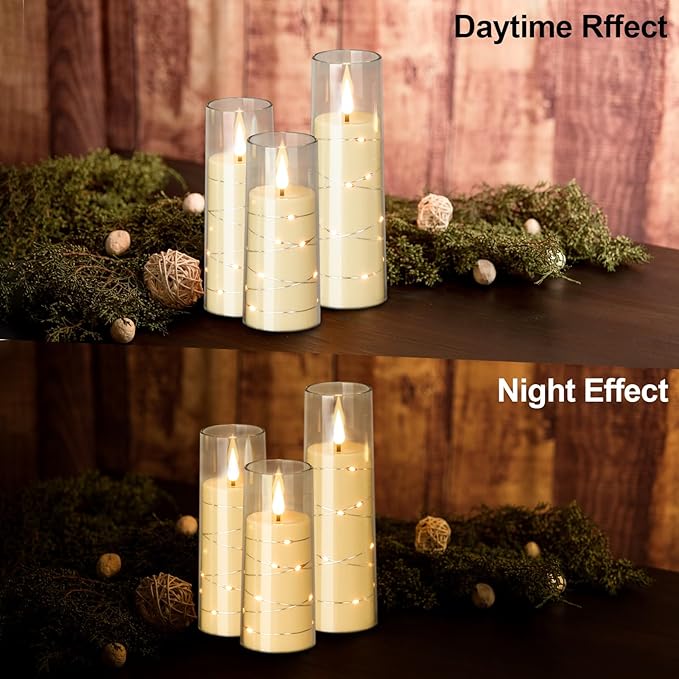 LED Flickering Candles with Remote Timer,Glass Flamless Pillar Candles Real Wax with 3D Wick Realistic,Warmth Decoration for Wedding Home Festival (Clear)