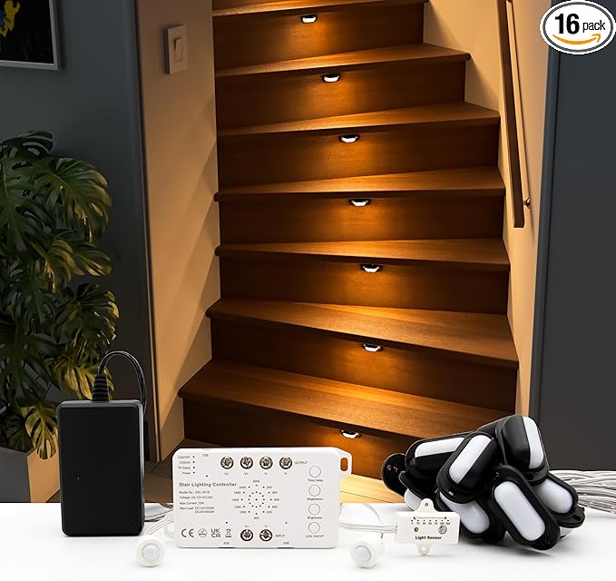 Motion-Triggered LED Stair Lighting Kit SSL-0516-B, Dimmable Delay Lights Off Day/Night Function Suilt for Indoor Stair Lights (Warm White 3000K, 16 Stairs)