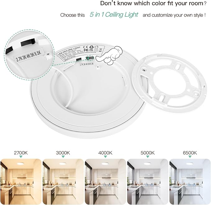 Brightever LED Flush Mount Ceiling Light, 7 Inch 12W Ultra Slim 0.67 Inch Kitchen Lighting Fixture, 1200LM 120W Equivalent, 2700K-6500K Color Adjustable, Dimmable Light Fixture Ceiling Mount, 1 Pack