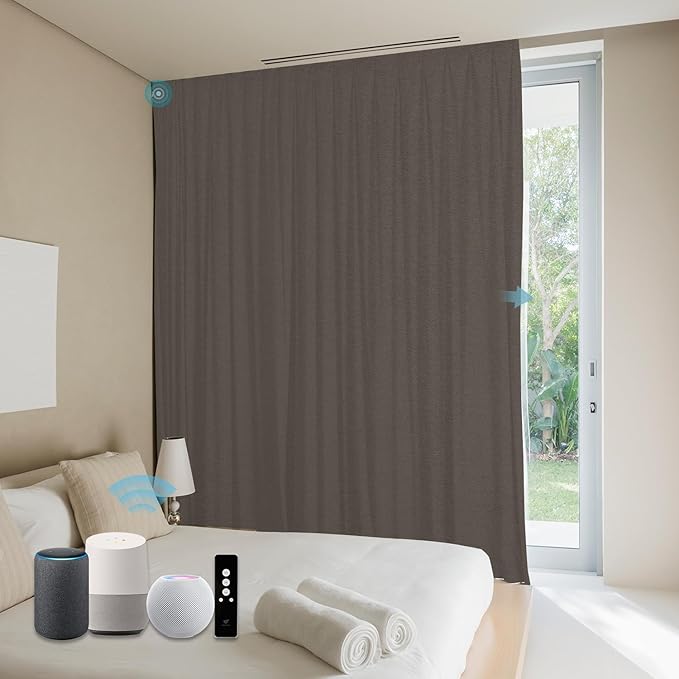 SmartWings Automatic Curtain Opener with Drapery, Motorized Vertical Blinds with Remote, Electric Closet Doors Sliding Panels Compatible with Alexa Google Homekit, 90% Blackout Coconut Brown