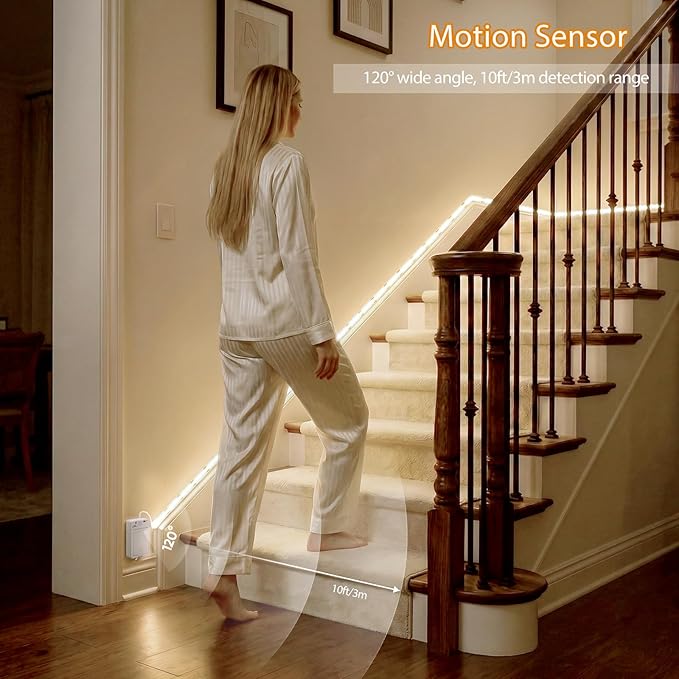 OMIKA COB Motion Activated LED Strip Light, 6.56ft 640LEDs 4000K Natural White Rechargeable Night Light, Safe Tape Light for Cupboard, Bed, Shelves, Wardrobe, Stairs, Pantry, 2 Pack