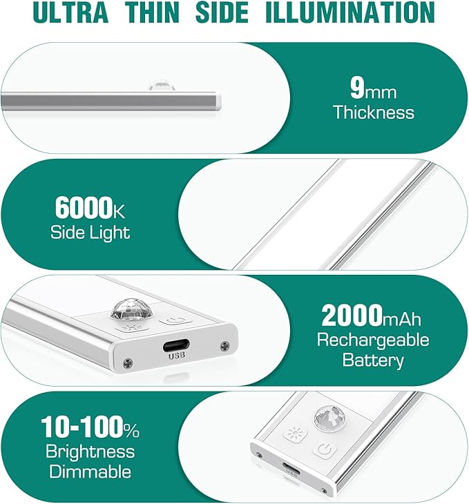 3 Pack Under Cabinet Lights, 52 LED Cold White Rechargeable Under Cabinet Lighting Motion Sensor LED Lights for Kitchen, Counter, Closet, Stairs (12.2 inches Silver)