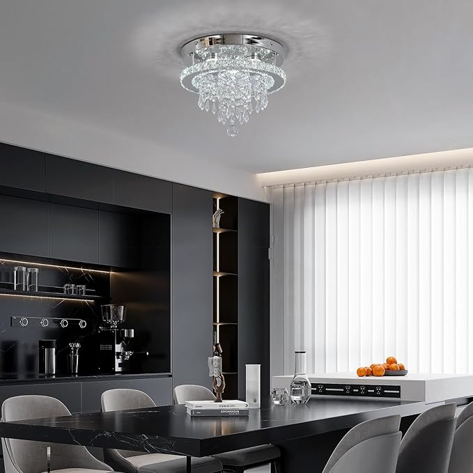 Deckrico Modern Crystal Chandelier 11.8" LED Ceiling Light Chrome Flush Mount Lighting Fixture for Bedroom, Hallway, Kitchen, Dining Room – Cool White