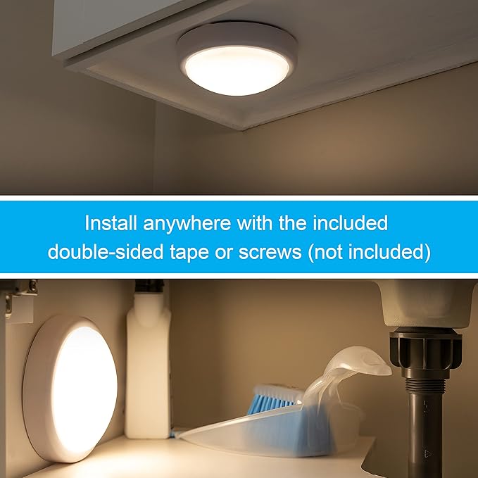 GE Round Tap Light, Battery Operated, White, Push On/Off, Wireless, Portable and Convenient, Perfect for Under Cabinets, Closet, Attic, Nightstand, Nursery, Bathroom, Hallway, 54807, 7.75x 6.55x 2.4