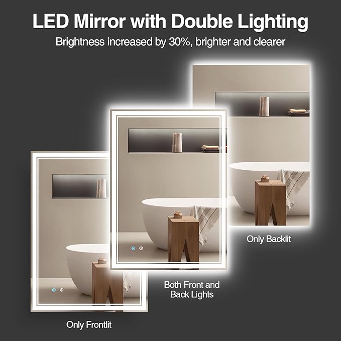 28"x 36" LED Bathroom Mirror with Anti-Fog, Dimmable Backlit + Front Lit, LED Bathroom Vanity Mirror for Wall, Memory Function, Shatter-Proof Glass, ETL Listed(NHYJ7922D)