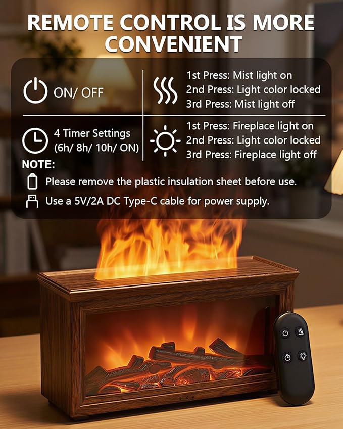 Essential Oil Diffuser, 7-Color Fireplace Fire Flame Aromatherapy Humidifier, 280ml Ultrasonic Aroma Diffuser Valentine's Day Gift with Time Sets and Remote Control for Bedroom Home Yoga Office
