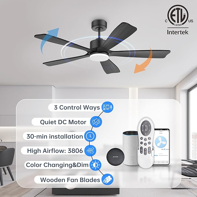 52 Inch Smart Ceiling Fans with Lights and remote,Eco-friendly wood ceiling fan Voice Control via WIFI Alexa App,Quiet DC Motor,Dimmable LED,Modern Ceiling Fan for Bedroom,Living Room,5 blade Fan