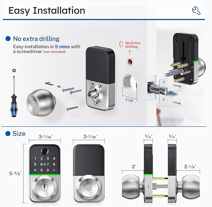 Keypad Smart Door Lock with Knob: Kucacci Keyless Entry Fingerprint Lock for Front Door - Keypad Digital Lock with Handle - Electronic Code Door Knob - Easy Installation - Generate Passcode Remotely