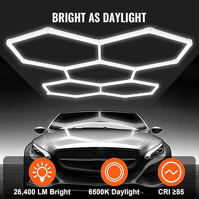 5-Hexagon LED Garage Light, 600W 60,800LM Honeycomb Ceiling Light with T5 Tube Rectangle, 6500K Ultra Bright Hexagon Light for Garage, Auto Detailing, Workshop (25PCS Panels)