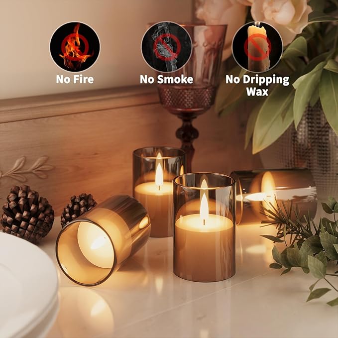 12Pack Flickering Flameless LED Candles with Timer, Battery Powered - Small Pillar & Votive, Grey (2"X3")