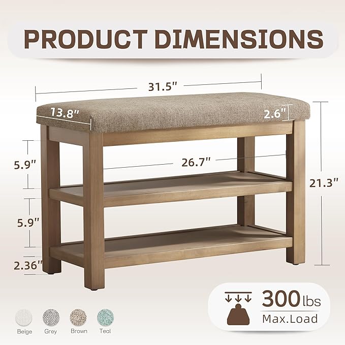 2 Tier Shoe Rack Bench with Cushion, Solid Wood Shoe Benches, Mid-Century Modern Shoe Storage Bench for Entryway, Hallway, Living Room, Closet, Front Door Entrance, (Brown, 31.5")