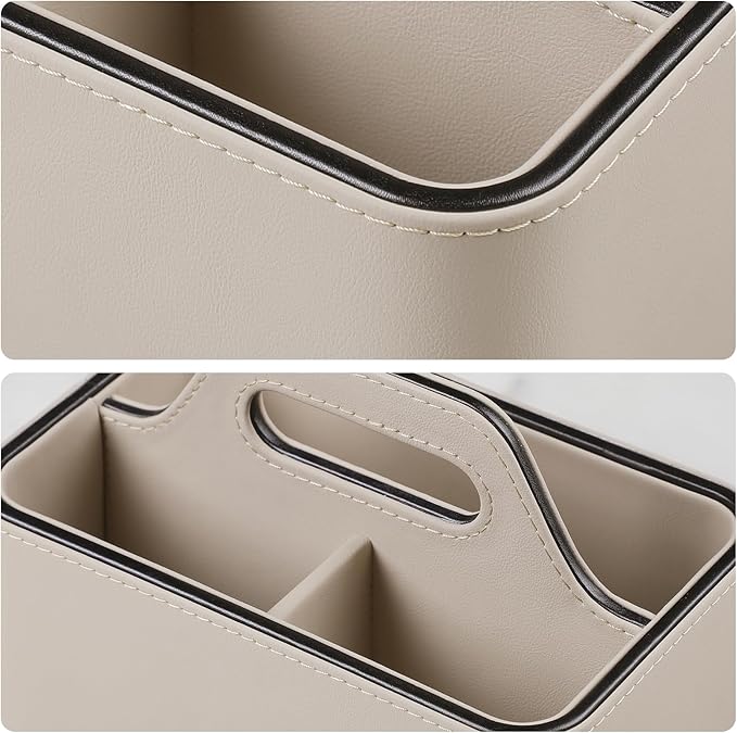 Caddy Organizer with Handle, PU Leather Remote Control Holder Desk Caddy, Portable Makeup Remote Organizer for Table, Nightstand, Office (Beige)
