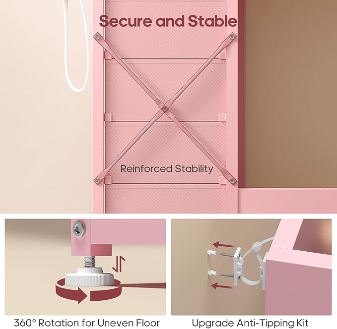 Pink Vanity with Lights and Mirror, 11 Drawer Makeup Vanity with Power Strip, 6 Open Shelves, 43.3” Vanity Desk with Storage, Dressing Table with 3 Color Modes for Bedroom, Women, Girls (Pink)