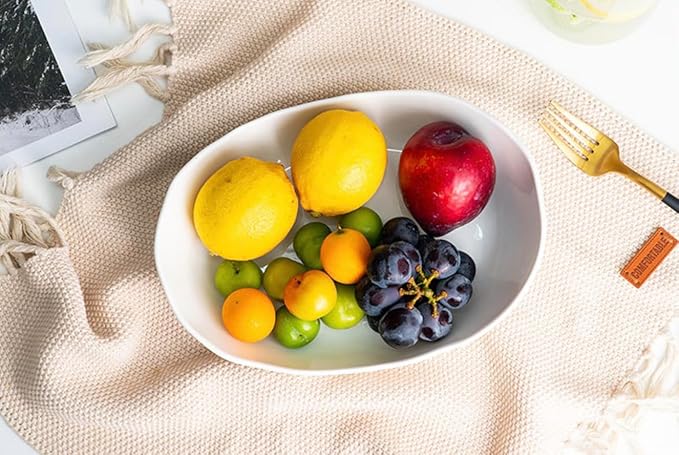 3 Tier Fruit Bowl Stand with Bamboo Frame and White Porcelain Bowls, Elegant Countertop Organizer for Fruits, Snacks and Desserts, Stylish Kitchen and Dining Decor