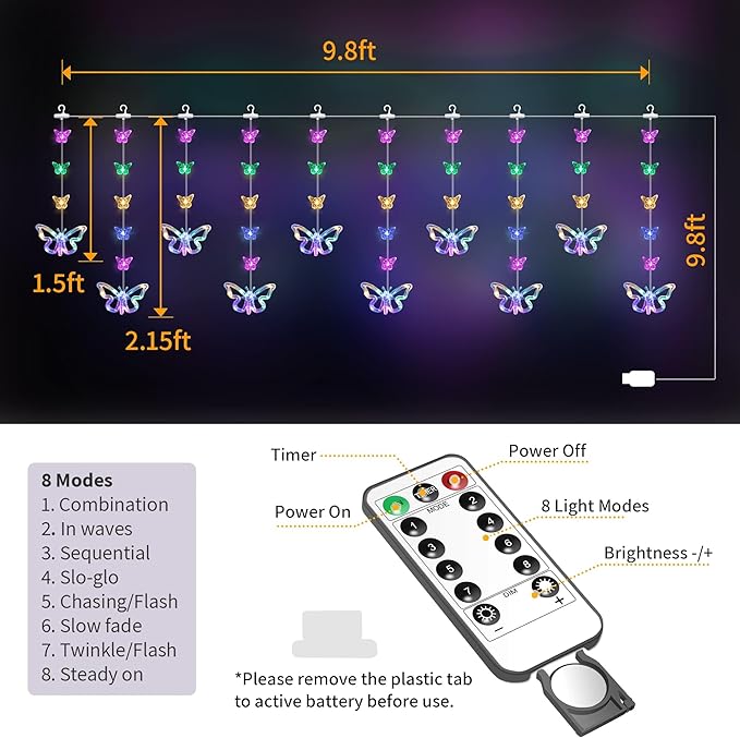 YOLIGHT Butterfly Curtain Lights for Bedroom 9.8ft LED Twinkle Fairy Light with Remote Timer Cute String Lights Wall Décor for Kids Girls Room Bed Canopy Wedding Easter Decoration (Multicolor)