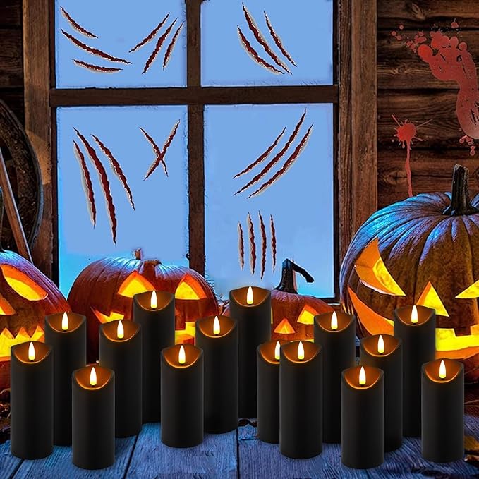 Set of 24 Flickering Black Flameless Candles, Battery Operated LED Pillar Candles with Remote Control and Timer Essential forfor Home Decor&Festival Celebrations&Table Decorations&Wedding.