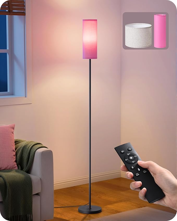 EDISHINE Modern Floor Lamps for Living Room, 63.7" Colorful Floor Lamp with Two Shades, Remote Control Foot Switch, 2700-6000K Dimmable Minimalist Standing Lamp for Bedroom, 9W Bulb Included, Pink