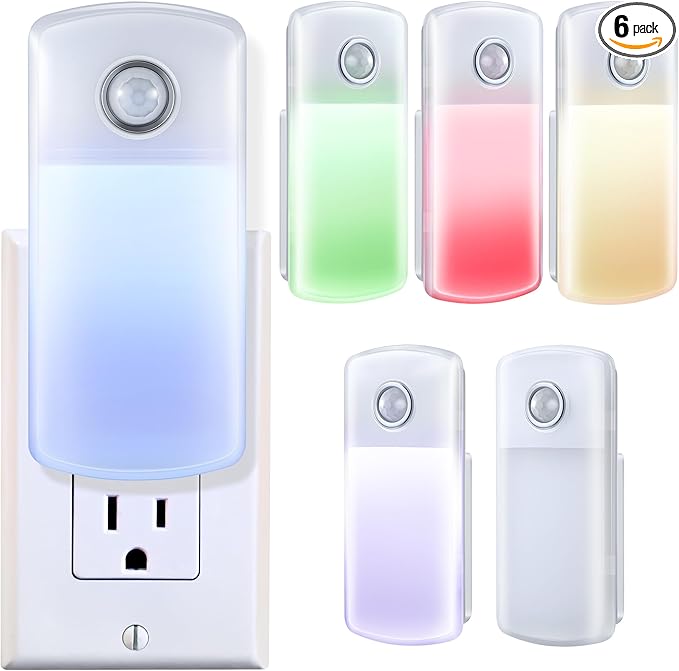 Enhon Emergency Power Failure Night Lights, 5-in-1 Multi Color LED Light, Rechargeable Flashlight with Foldable Plug, Automatic On Off Motion Sensor for Bedrooms, Hallways, Black Outs(6 Pack)
