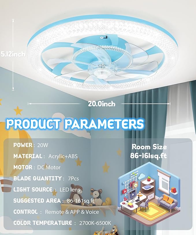 2 in 1 Wifi RGB-LED 20” Ceiling Fans with Lights and Remote, 3000-6500K Dimmable Flush Mount Smart Low Profile Ceiling Fan with Lights, Bluetooth Bladeless Fans with APP, for Bedroom, Blue
