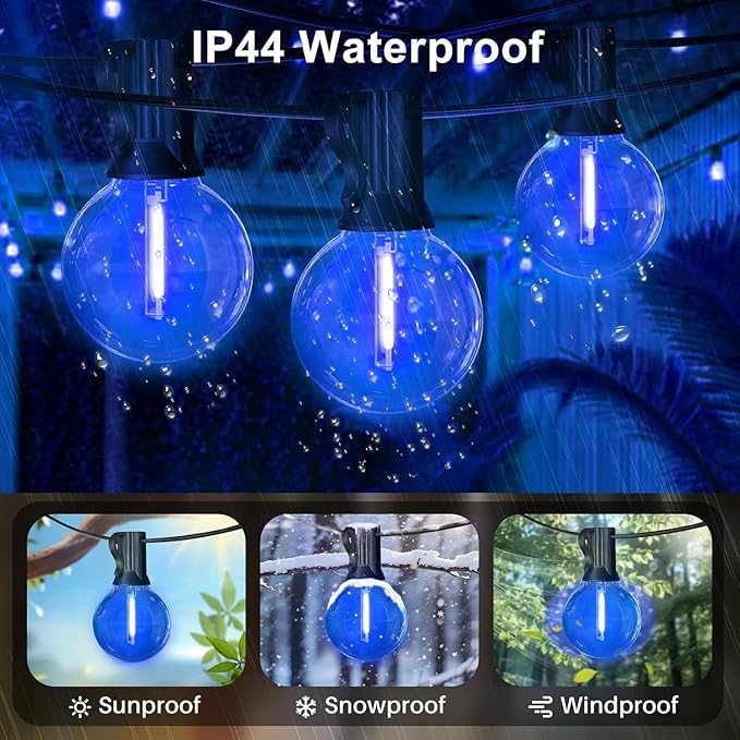 LAMPHOME 2PACK LED Outdoor String Lights, 26ft Patio Lights with 12+1 Edison Shatterproof Bulbs(1 Spare), UL Waterproof Connectable Dimmable Outside Lights for Backyard Porch Deck Garden Decor, Blue