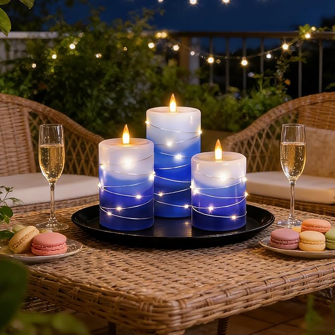 Flameless Candles with String Lights, Battery Operated Candles with Remote Control and Timer,Flickering LED Pillar Candles for Home Decoration,Real Wax, Gradient Blue (3-Pack)