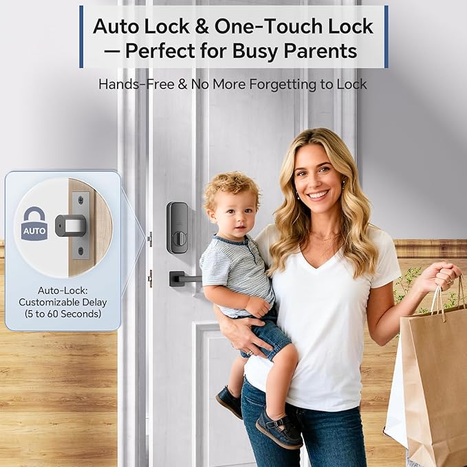 Smart Front Door Lock Set, Built-in WiFi, Keyless Entry Deadbolt with App Remote Control, Electronic Digital Touchscreen Keypad with Lever Handle, Fingerprint/Passcode/Fob/Key Unlock, Auto Lock