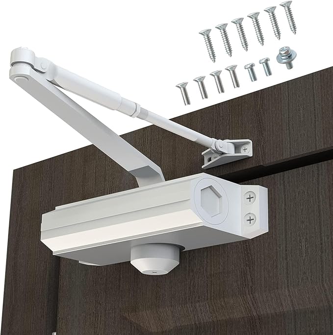 Automatic Door Closer Heavy Duty Fire Prevention Spring Hydraulic Aluminum Alloy Surface Mounted Residential Commerical Door Closer (White, Size3-Door Weights 187-231 Lbs)