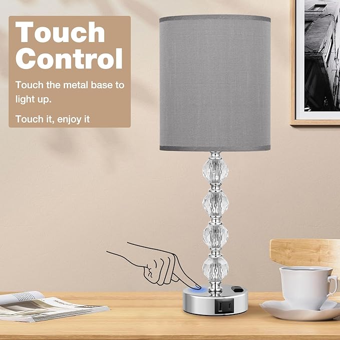 Acaxin Touch Bedside Crystal Lamps for Bedrooms Nightstand with USB C+A Charging Port and AC Outlet White, 3 Way Dimmable Silver Large End Side Table Lamp for Living/Dinning Room/Kitchen/Bedroom