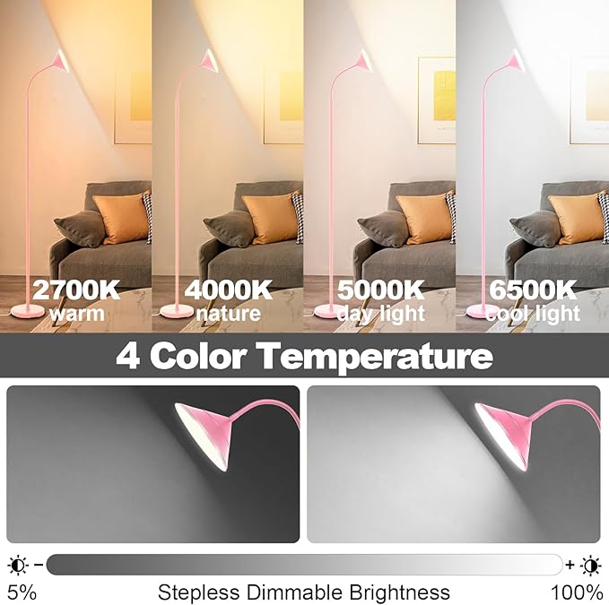 Floor Lamp, 18W Upgraded Bright LED Floor Lamps for Living Room Bedroom with Gooseneck Stepless Dimming & Color 76inch Tall Standing Lamp with Remote & Touch Control Work with Smart Plug (Pink)