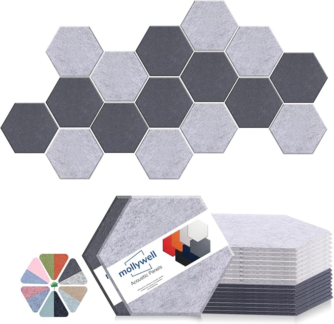 Mollywell Hexagon Acoustic Panels 14x12 - Reduce Echo & Reverb, Noise Blocking Wall Tiles for Studio & Home Office, Moon & Silver Gray Sound Absorbing Panels