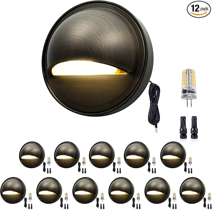 Gardenreet Low Voltage Deck Lights - Solid Brass Landscape Step Lights LED, 12V Hardwired IP65 Waterproof, Bronze Round for Stair Wall Yard with 3000K Soft White 3W 270LM G4 Bulb 12 Pack